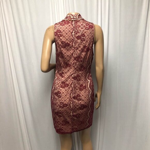 Lush Dress Womens Size Large Burgundy Lace over Tan Sleeveles Bodycon - Picture 4 of 7